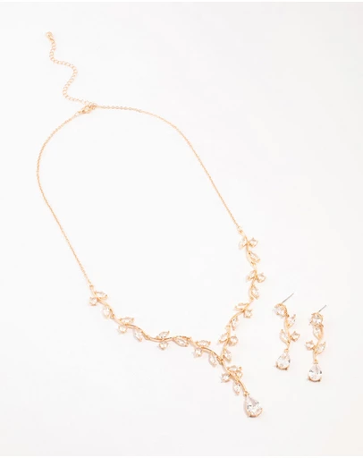 Lovisa - Gold Creeping Crystal Roses Necklace & Earrings Set