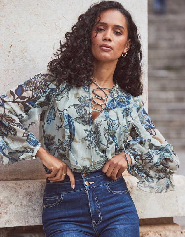 Sosandar - Floral Print Metallic Stripe Blouse With Lace Up Detail