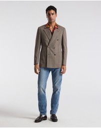 Calibre - Double-Breasted Glen Check Wool Blazer Mahogany