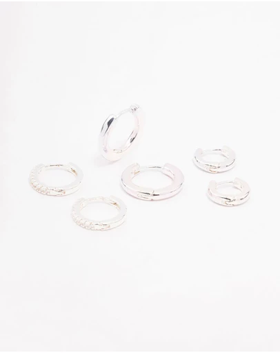 Lovisa - Silver Cubic Zirconia Minimal Huggie Hoop Earrings 3-Pack
