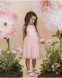 Bebe by Minihaha - Pink Floral Embroidered Back Bow Tulle Dress - Kids