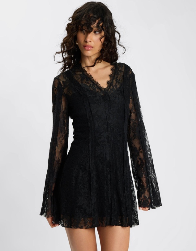 ONE TEASPOON - Vintage Whisper Lace Longsleeve Mini Dress - Black