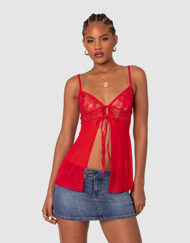 EDIKTED - Mimosa Sheer Lace Long Tank Top