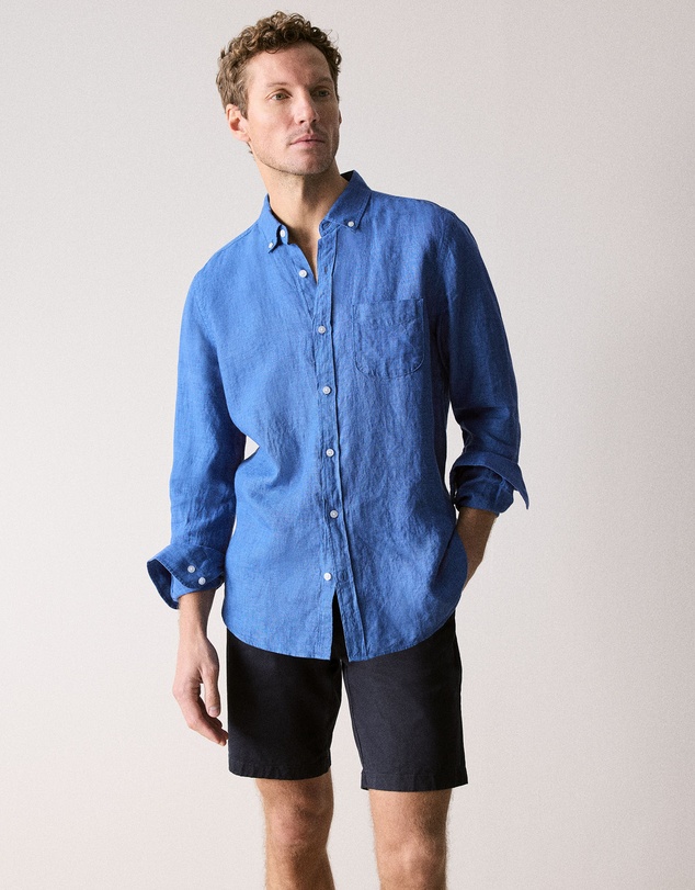Trenery - Regular Fit Delave Linen Long Sleeve Shirt in Mineral Blue