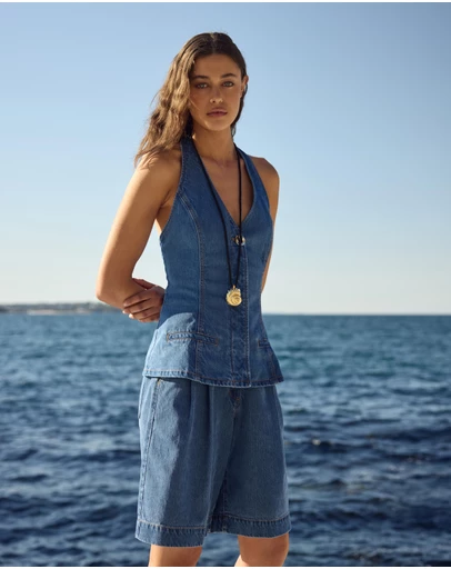 AERE - Clio Denim Halter Top