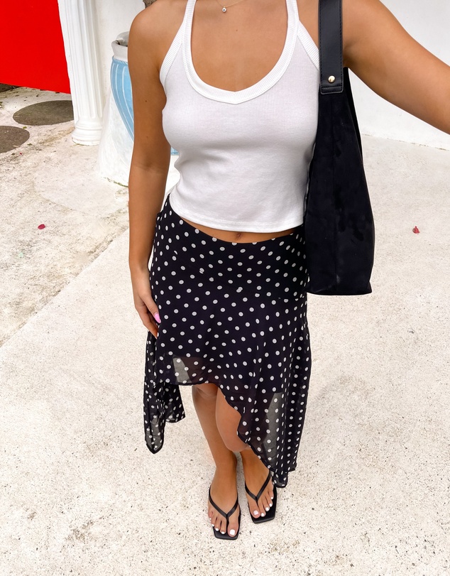 Beginning Boutique - Khalea Black Polka Dot Hanky Hem Midi Skirt