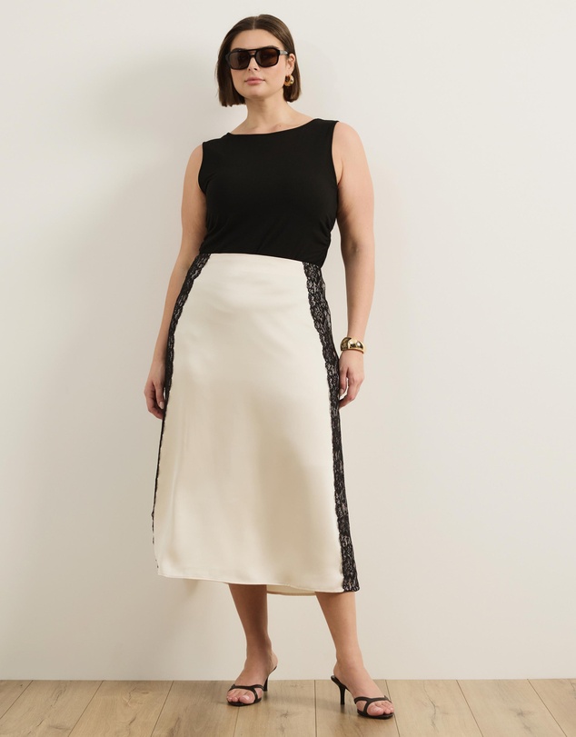 Atmos&Here Curvy - Mirelda Satin Lace Midi Skirt