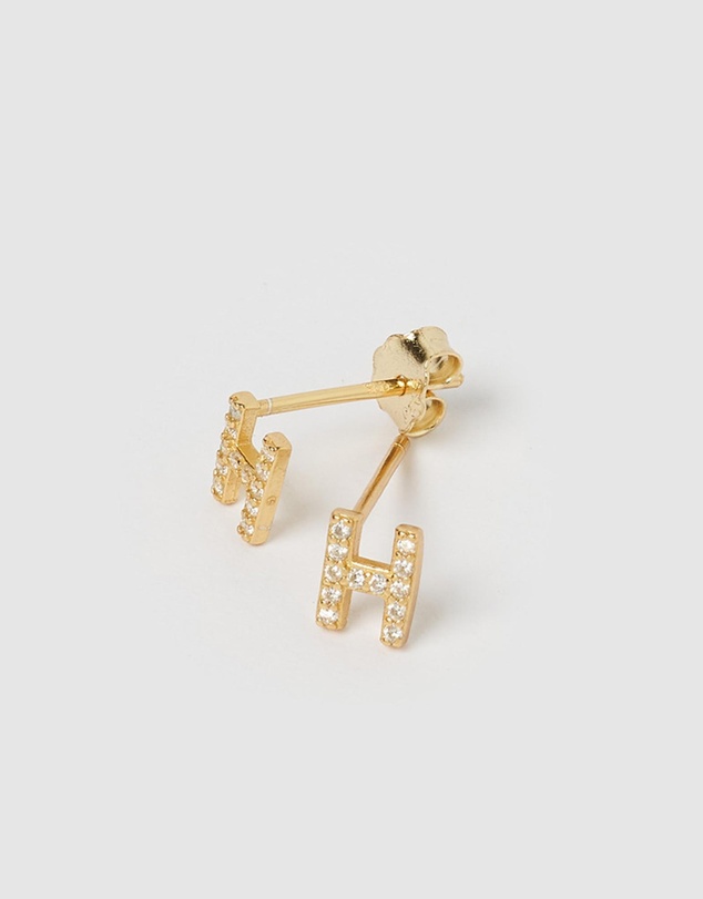 Izoa - Alphabet Mini Letter H Stud Earrings Gold