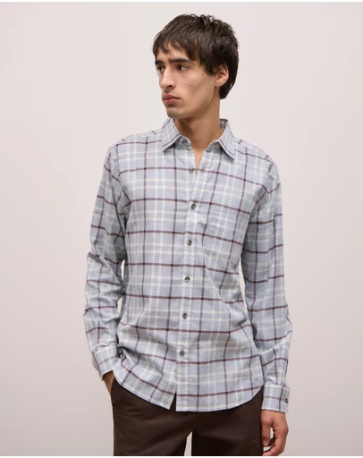 Trenery - Brushed Cotton Melange Check Shirt in Light Grey Marle