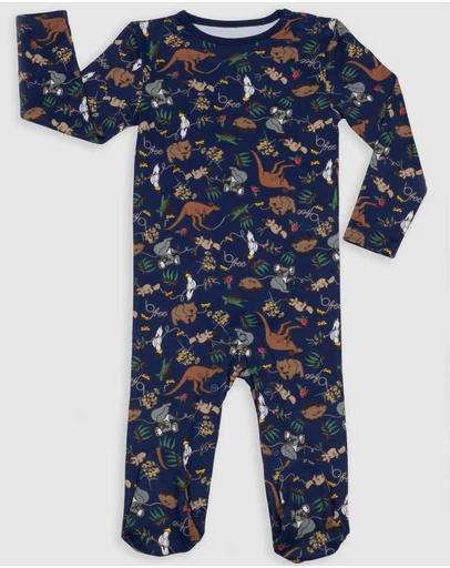 B Free Intimate Apparel - Baby Snap Button Sleepsuit with Booties - 100% Organic Cotton - Navy Native Aussie Animals