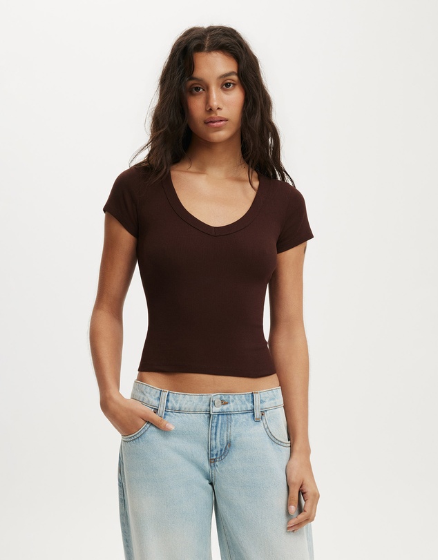 Cotton On - Goldie Rib V Neck Short Sleeve