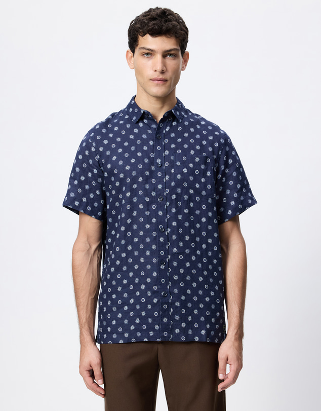 Scotch & Soda - Printed Linen Regular Fit Short Sleeve Shirt