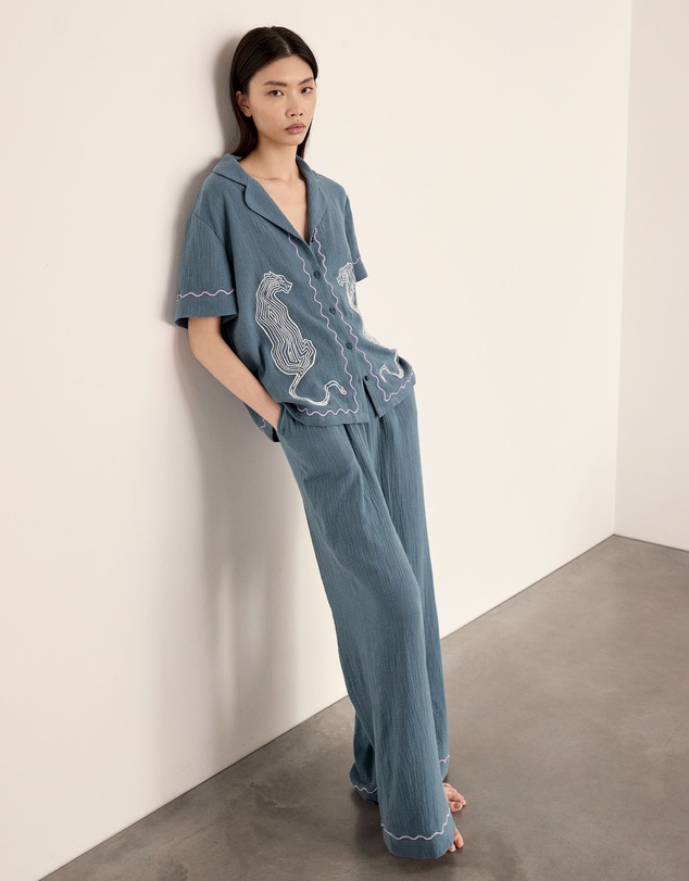 Chelsea Peers - Leopard Embroidery Short Sleeve Revere and Wide Leg Pyjama Set