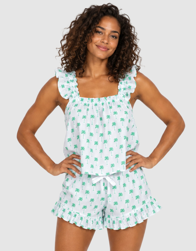 Sant And Abel - Women's Green Palm Tree Frill Tank PJ Set
