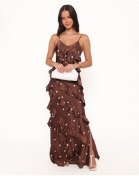 Petal & Pup - Ciao Ruffles Maxi Satin Dress - Brown Polka Dot