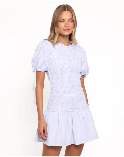 Petal & Pup - Kaelyn Gather Mini Dress - Blue Gingham