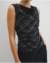 Country Road - Organically Grown Linen Check Ruched Linen Tank