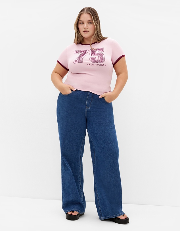 City Chic - Plus size Micro Score Print Tee - baby pink