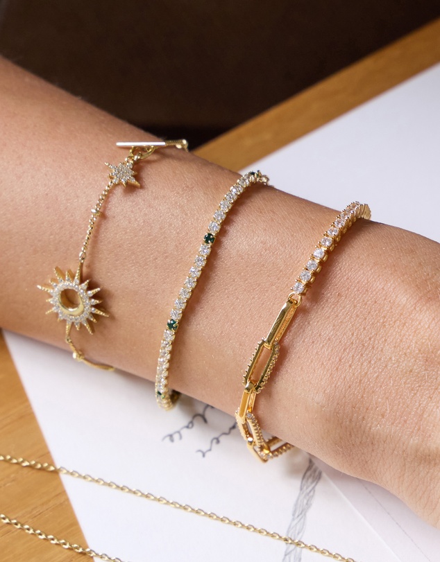 Wanderlust + Co - Pave 14K Gold Vermeil Emerald Mini Tennis Chain Bracelet