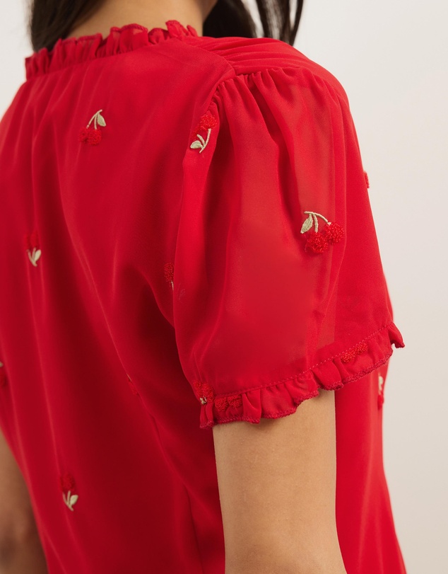 Atmos&Here - Cherry V-Neck Ruffle Blouse