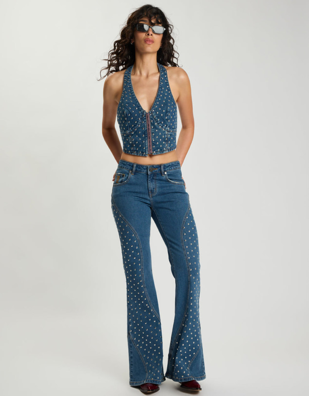 ONE TEASPOON - Chrome Edge Mid Waist Flared Studded Denim Jeans - Eclipse Blue
