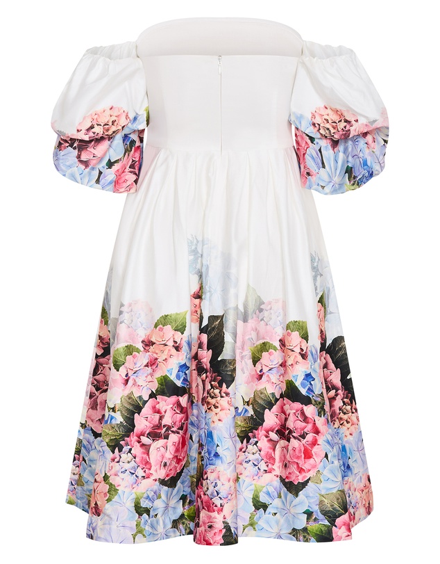 City Chic - Plus size Rosa Border Print Puff Sleeve Midi Dress - white