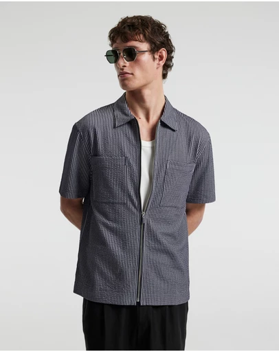 Calibre - Stripe Zip Through Shirt Navy