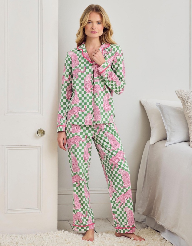 Chelsea Peers - Organic Cotton Leopard Checkerboard Long Pyjama Set