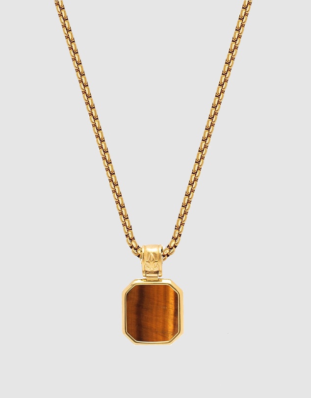 Nialaya Jewellery - Gold Necklace with Square Brown Tiger Eye Pendant