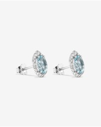 Michael Hill - Oval Cut Blue Aquamarine Gemstone and 0.27 Carat TW Diamond Halo Stud Earrings in 10kt White Gold