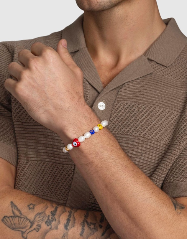 Nialaya Jewellery - Men's Smiley Face Pearl Bracelet