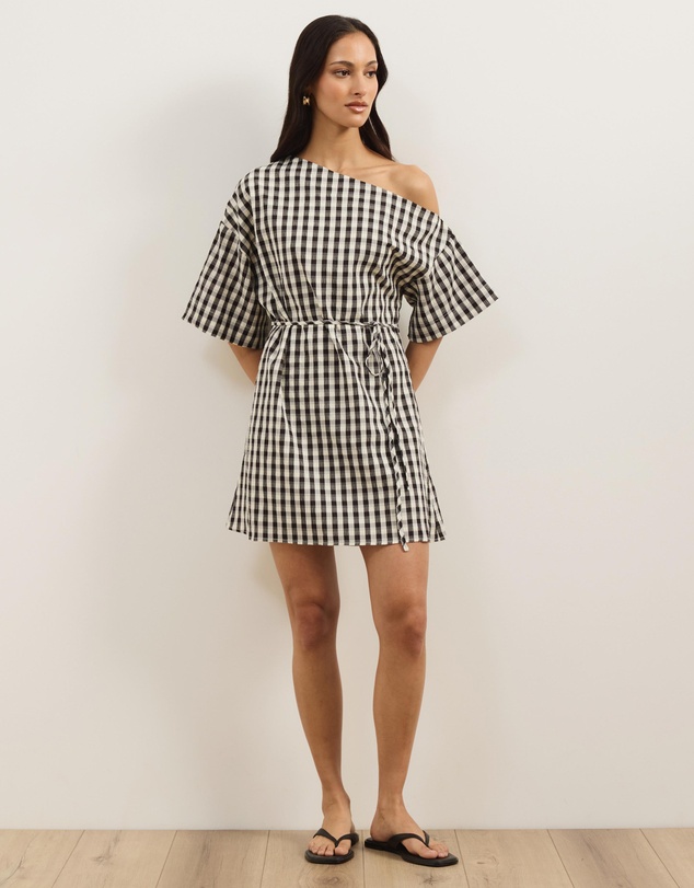 Atmos&Here - Olive Off Shoulder Gingham Mini Dress With Tie Waist