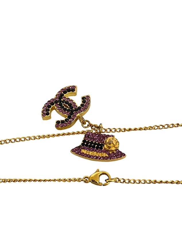 Pre-Loved by Azura Reborn - Pre-Loved Gold Plated Rhinestone CC and Camellia Hat Pendant Necklace