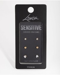 Lovisa - 24 Carat Gold Plated Surgical Steel Love Stud Earrings 3-Pack