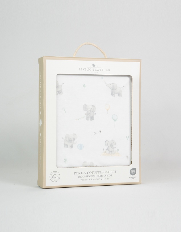 Living Textiles - Organic Port-a-Cot Fitted Sheet - Elephant Playtime