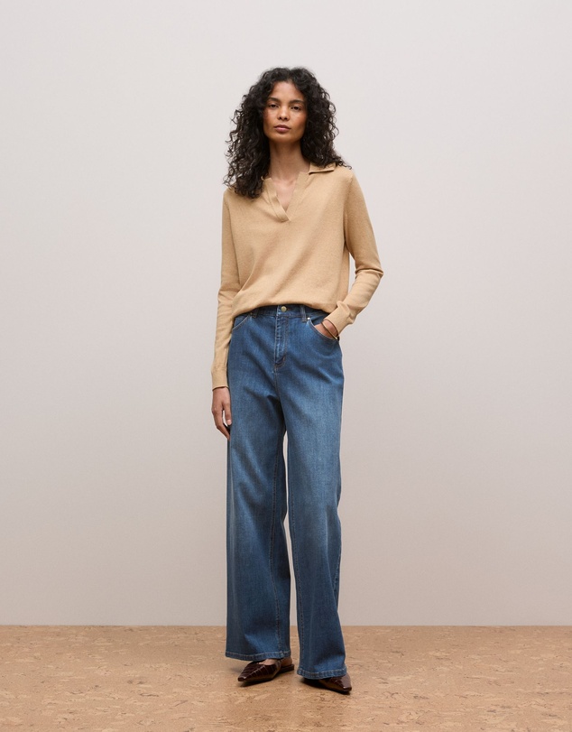 Trenery - Cotton Cashmere Long Sleeve Polo in Camel