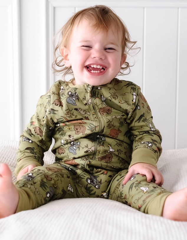 B Free Intimate Apparel - 100% Organic 2-Way Zip Sleepsuit - Baby & Toddler Khaki Native Aussie Animals