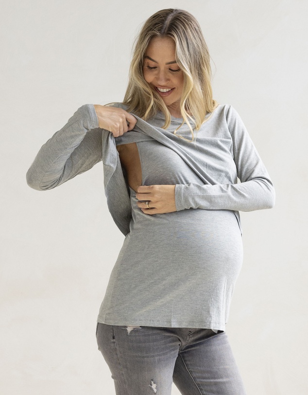 Angel Maternity - Leonie Maternity/ Nursing Flip Panel Top in Grey