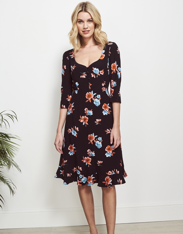 Sosandar - Floral Print Sweetheart Neck Dress