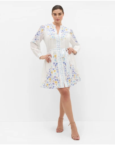 City Chic - Plus size Elia Blue Patrice Print Mini Dress - ivory