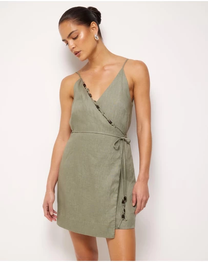 AERE - Nora Beaded Linen Wrap Mini Dress