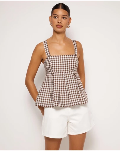 AERE - Gingham Linen Pleated Top