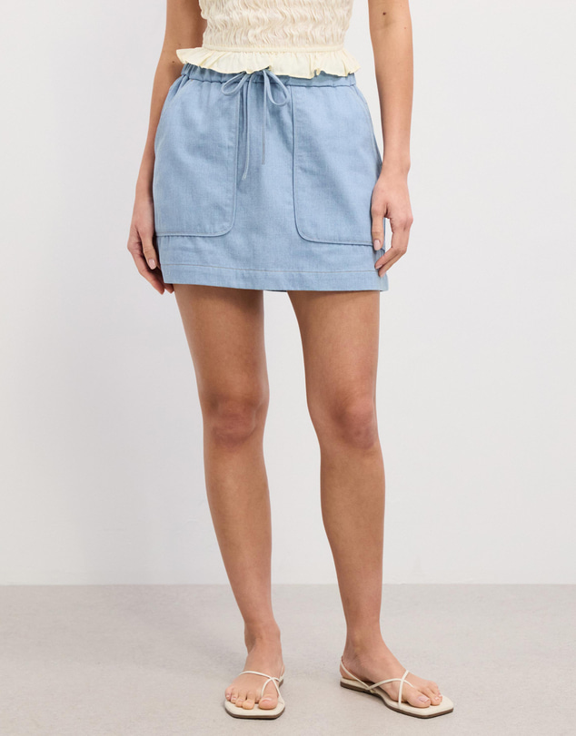 The Fated - Becky Contrast Stitch Soft Denim Mini Skirt
