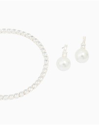 Lovisa - Silver Plated Cubic Zirconia Pearl Earrings & Tennis Bracelet Set