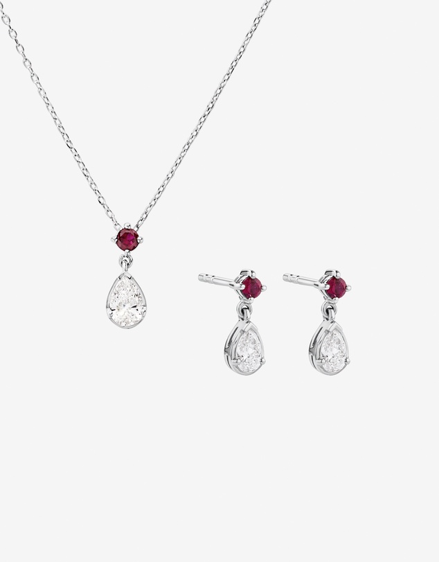 Michael Hill - 0.74 Carat TDW Pear Laboratory-Grown Diamond & Created Ruby Pendant and Earring Gift Set in Silver
