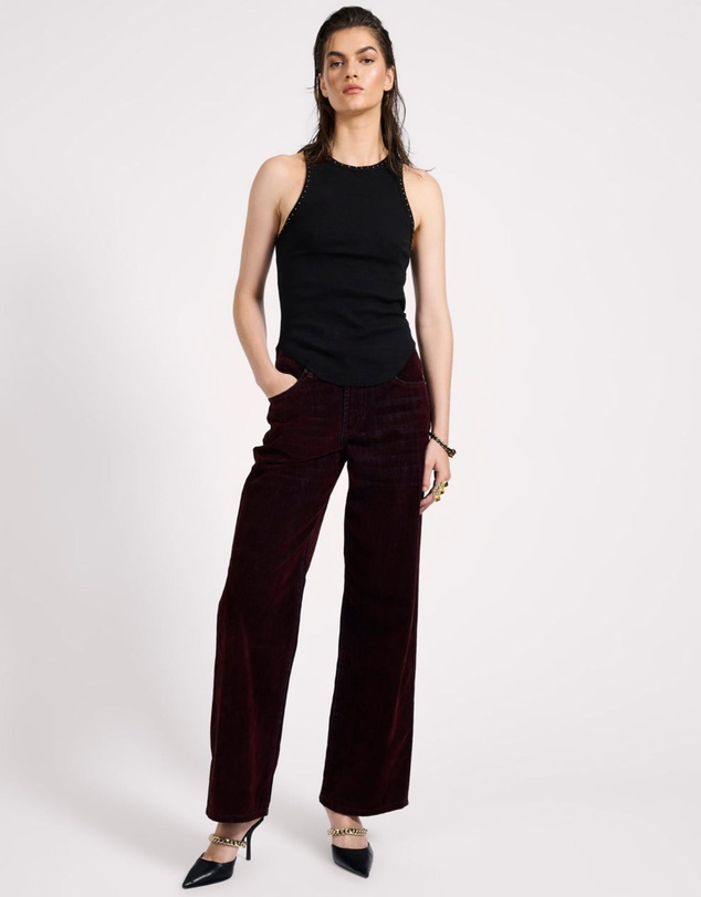 ONE TEASPOON - Jackson Mid Waist Wide Leg Velvet Finish Denim Jeans - Flocked Maroon
