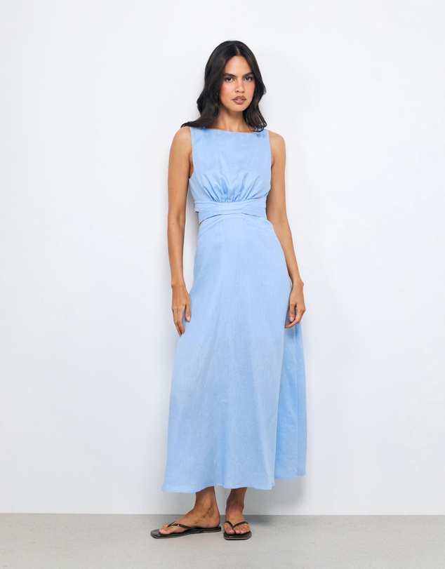 AERE - Zia Contrast Stitch Linen Midi Dress