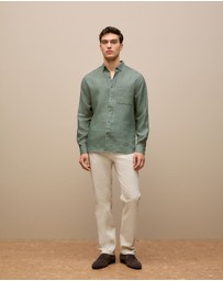 Trenery - Regular Fit Delave Linen Long Sleeve Shirt in Evergreen