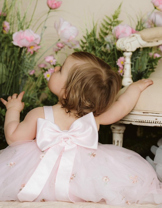 Bebe by Minihaha - Pink Floral Embroidered Back Bow Tulle Dress With Bloomers - Babies