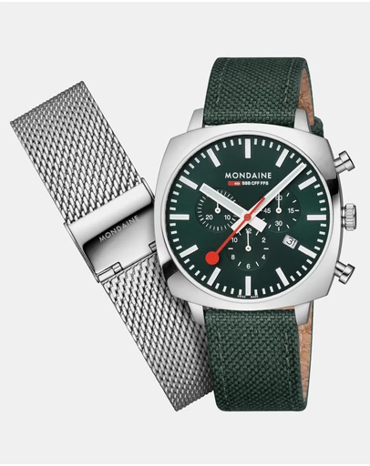 Mondaine - Mondaine Official Swiss Railways Grand Cushion 41mm Forest Green Watch Set